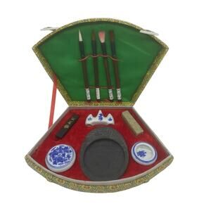 Vintage Chinese Ink Calligraphy Set Silk Dragon Chinese Fabric Case